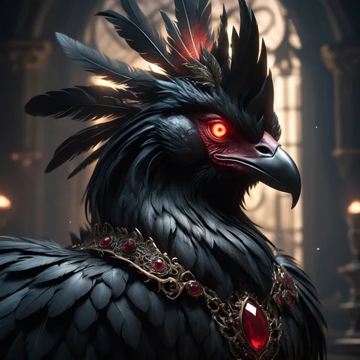 Prompt: Sinister rooster made of onyx and rubies, dark and foreboding atmosphere, high quality, gothic, detailed feathers, menacing gaze, glowing ruby eyes, onyx body with intricate details, shadowy lighting