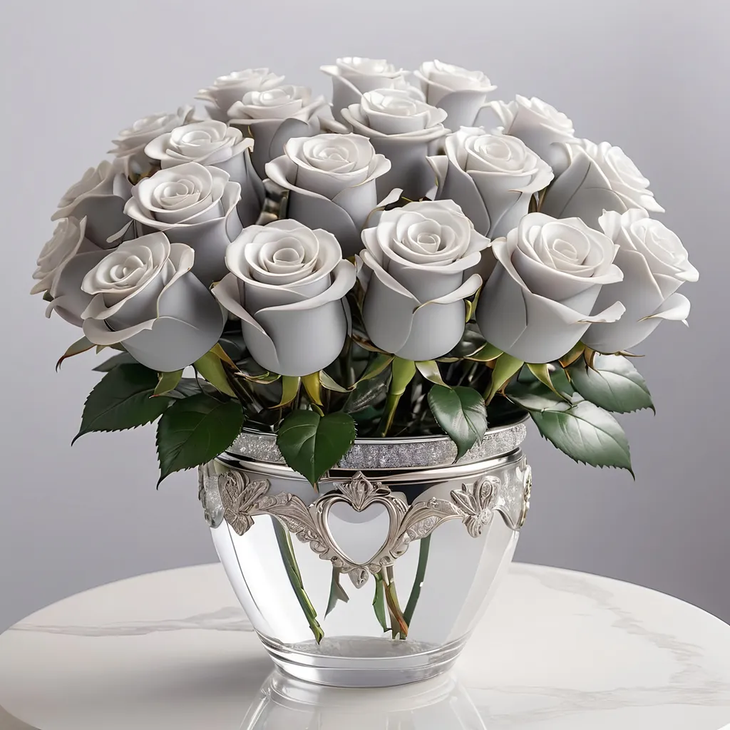 Prompt: Clear crystal pot with platinum accents, filled with platinum roses.