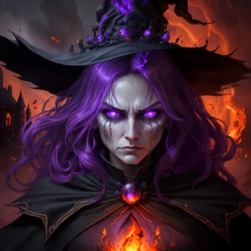 Prompt: Fire witch with intense expression, detailed facial features, digital painting, purple orb, burned castle background, high quality, fantasy, dark tones, intense lighting, flames, magical atmosphere, professional, detailed, atmospheric