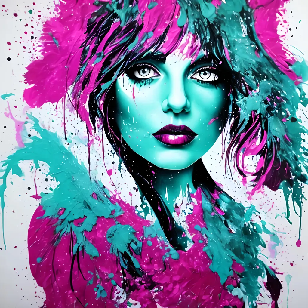 Prompt: woman, magenta and turquoise paint splatter