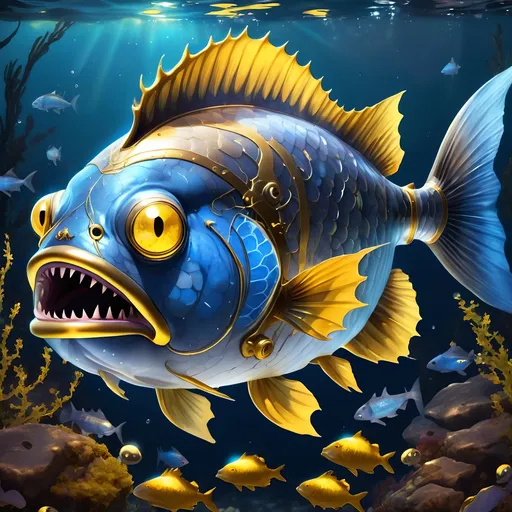 Prompt: Anglerfish with blue and dark gray scales zombie-like with golden plates and markings and angler lure that glows gold, background deep ocean with glowing plants
