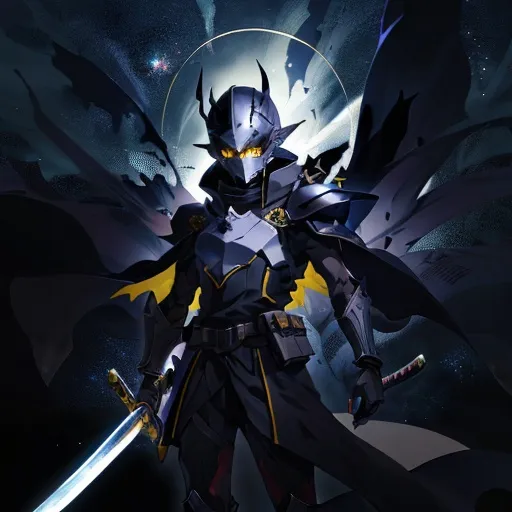 Prompt:  an anime character with a helmet flying through the dark void with a sword, solo, dark skin, pointy ears, yellow eyes, gloves, holding, facing away from the viewer, pouch