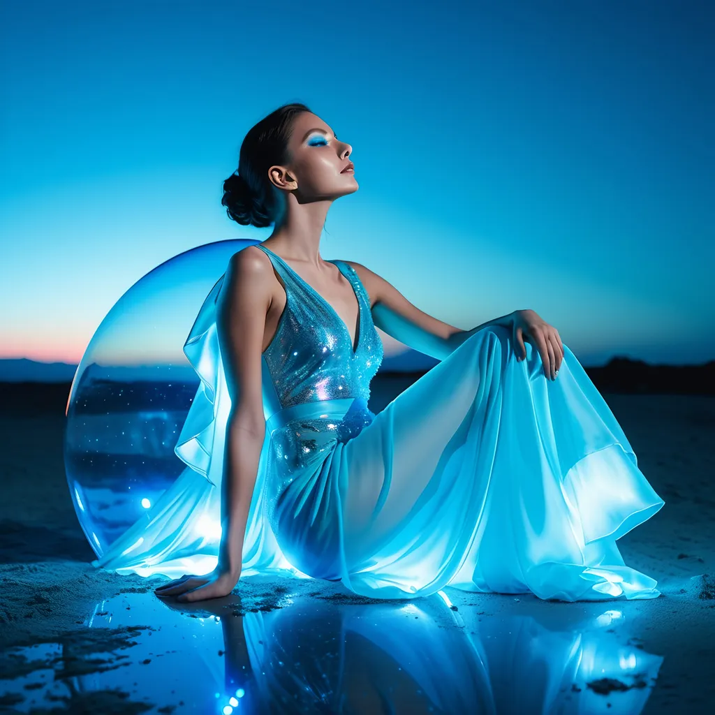 Prompt: another chalcedony balletcore haute couture fashion shoot that is dripping with bright colored lights, carbonated themed, in the style of y2k aesthetic, YlnMn blue, psychedelic surreal minimalism, i can't believe how beautiful this is, snapshot aesthetic, luminous skies, mirrored, Fuji film eterna vivid, Zeiss lens, Canon EOS R7 