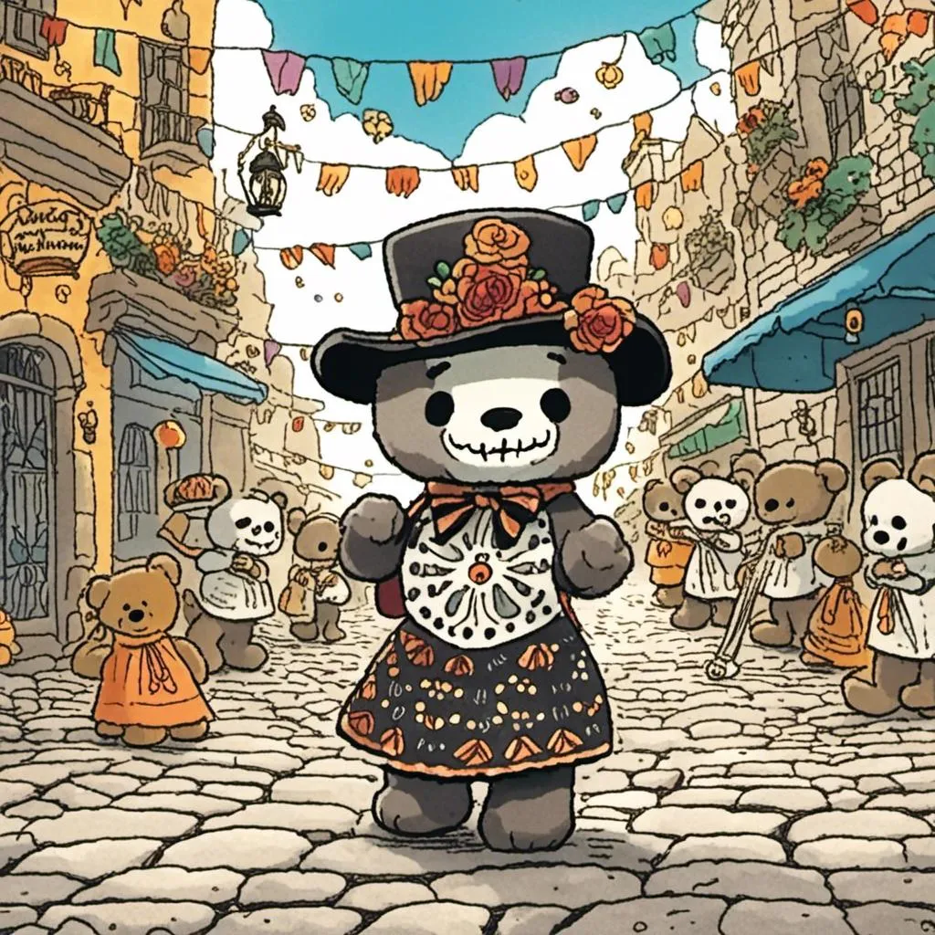 Prompt: a teddy bear dressed in dias de los muertos attire, he is surrounded by an old cobblestone city background.
<mymodel>