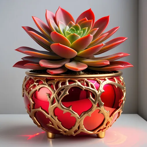 Prompt: Big Red quartz and metallic gold pot filled with neon red succulent, shiny metallic surface, vibrant red and gold colors, intricate vine patterns, high quality, detailed, luxurious, elegant, realistic, warm lighting