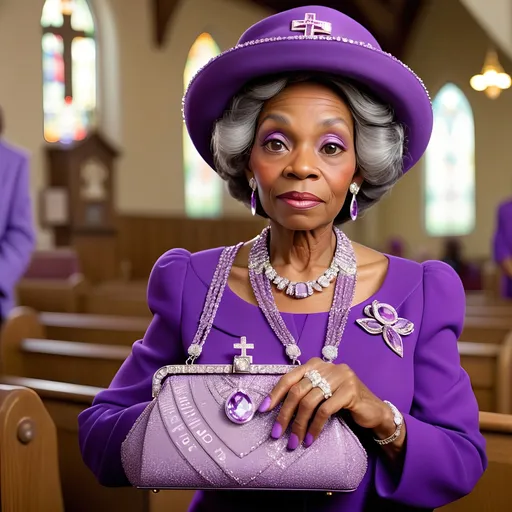Prompt: elderly black woman in church. Wearing purple hat and purple church outfit.Wearing diamond encrusted purse, diamond chains and diamond rings. Purse is full of 100 dollar bills.