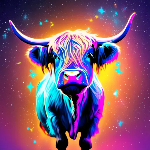 Prompt: dwarf highland cow with cosmic overlay. Neon colors.