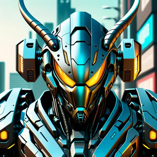 Prompt: Futuristic sci-fi illustration of a metallic hornet mech, sleek design, detailed metal textures, high-tech enhancements, intense and focused gaze, cool-toned lighting, urban cyberpunk setting, best quality, highres, ultra-detailed, sci-fi, futuristic, metallic, sleek design, detailed textures, intense gaze, cool-toned lighting, cyberpunk