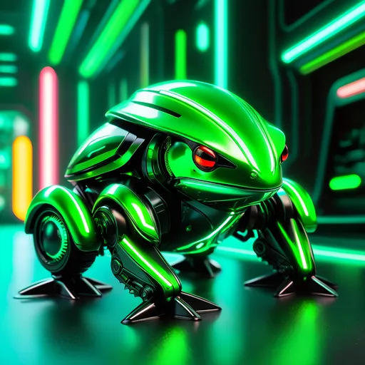 Prompt: Tiny frog mech, metallic and sleek design, futuristic sci-fi style, intense green and black color scheme, sparkling neon lights, miniature scale, highres, ultra-detailed, sci-fi, futuristic, metallic sheen, intense color scheme, miniature scale, neon lights, detailed design, professional, atmospheric lighting