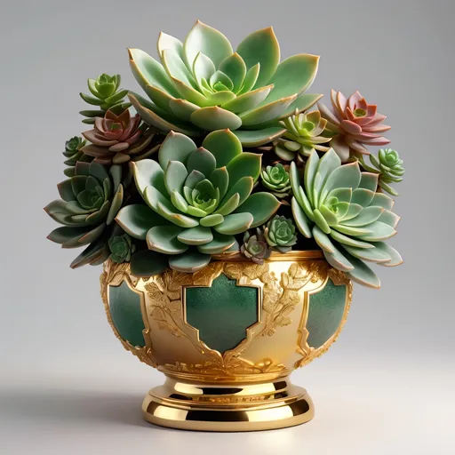 Prompt: Giant jade and gold pot with succulents inside, luxurious gold and emerald tones, realistic 3D rendering, detailed succulent arrangement, intricate gold engravings, high quality, realistic, luxurious, gold and emerald tones, detailed succulents, 3D rendering, intricate design, opulent lighting