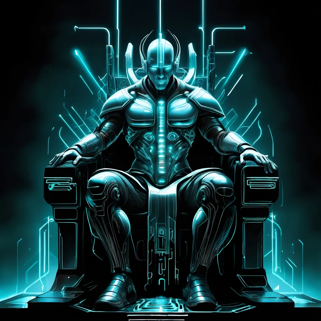 Prompt: aethereal cyber god, futuristic, luminescent, sitting on cyber throne, fine line drawing