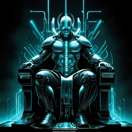 Prompt: aethereal cyber god, futuristic, luminescent, sitting on cyber throne, fine line drawing