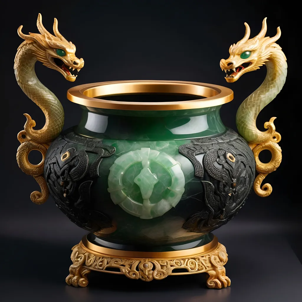 Prompt: Onyx and jade pot, gold serpent handles, ancient mystical artifact, detailed carvings, luxurious material, high quality, fantasy, antique style, rich green and black tones, dramatic lighting, intricate details