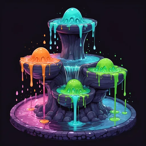 Prompt: A four-way fountain each side filled with strange glowing slime in many colors, in zen tangle art style
