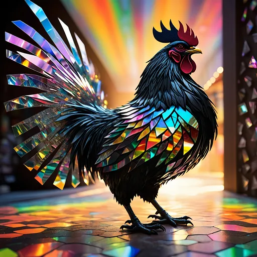 Prompt: A sinister rooster, his form ingeniously crafted from a myriad of shattered CDs, standing amidst a garage sale in a prism-punk utopia. This ethereal figure, a mosaic of reflective fragments, exudes an aura of serene omnipotence. The CDs, once symbols of a technological past, now repurposed, give him a radiant, holographic appearance. The surrounding environment is a fusion of vivid colors and geometric shapes, embodying the quintessence of prism-punk aesthetics. Imagine a time-lapse effect at play, where the world around him moves in accelerated motion: people perusing the garage sale blur into swift, fluid movements while he remains a tranquil, unchanging beacon amidst the hustle. Sunlight catches on his fragmented form, casting kaleidoscopic patterns that dance across the utopian landscape. This scene encapsulates ultimate serenity within a dynamic, ever-changing world, symbolizing the timeless grace amidst the relentless passage of time. 