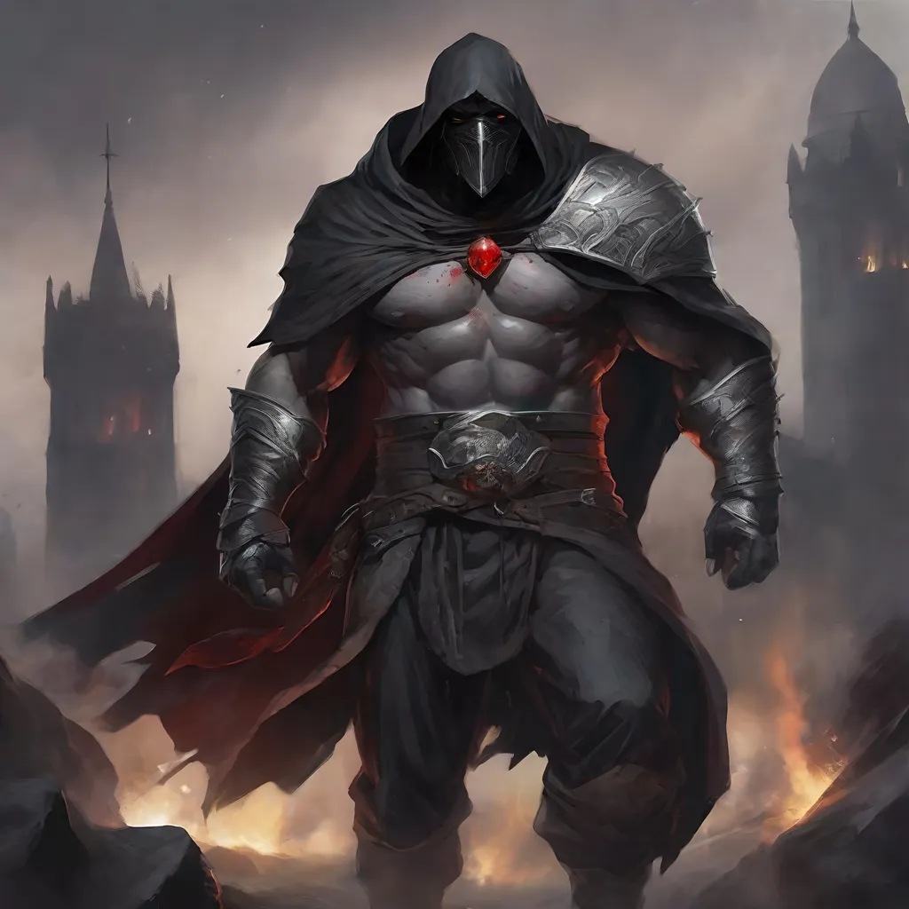 Prompt: Tall, Intimidating, Large, male, Solomon Grundy/goliath D&D build, black hair,  very dark grey scarred skin, covered in bandages, dark tattered cloth armor exposes his midriff, hood of magical darkness that completely shrouds his face with a mask of darkness, large red gem between pecs in chest, Path of the Zealot Barbarian, Strong, wielding large two-handed great-axe, Fantasy setting, D&D, Dead clerics around him, undead, zombie