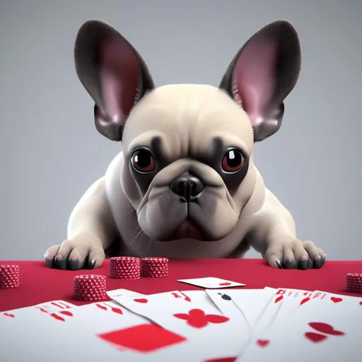 Prompt: <mymodel> a 3d render of a miniature french bulldog playing poker.