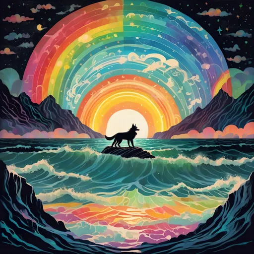 Prompt: fenrir over bifrost, in the style of 🌈 , folk-inspired illustrations, luminescent lightscapes, repeating pattern, celestialpunk, suffolk coast views, balinese 