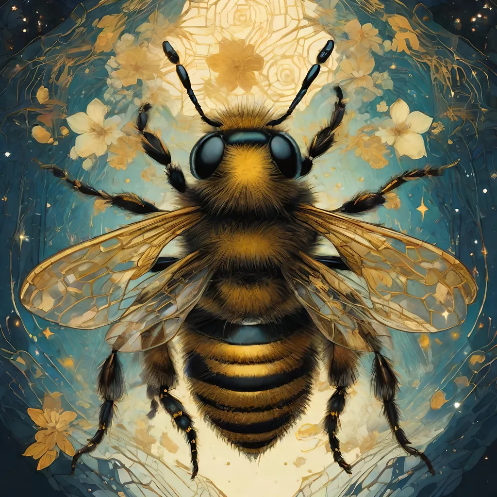 Prompt: killer bees on the swarm, starry sky, highly detailed, intricate motifs, organic tracery, perfect composition, digital painting, artstation, concept art, smooth, sharp focus, illustration, Carne Griffiths,  Victo ngai, Jean Baptiste Monge, shiny aura, old but robust, bright but deep 