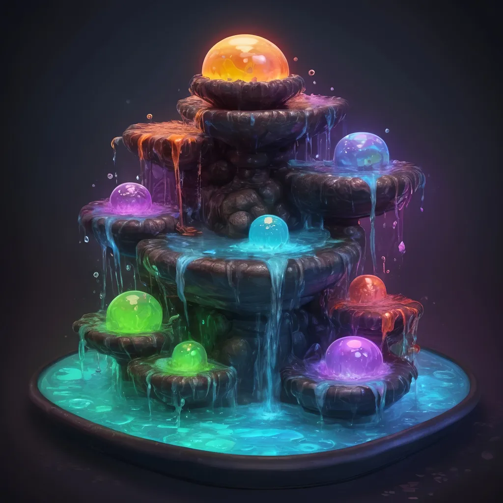 Prompt: A four-way fountain each side filled with strange glowing dancing slimes in many colors, in zen tangle art style
