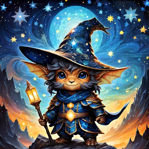 Prompt: an adorable chibi dragonborn wizard, dark starry night, gorgeous eyes, stained glass, fantasy illustration, textured with large visible brush strokes, detailed scales, hypermaximalism, astral patterns, star lit sky, masterpiece, breathtaking intricate details, in the style of Andreas Lie, van Gogh, Hokusai, Luke Gram, Albert Robida, Victo Ngai