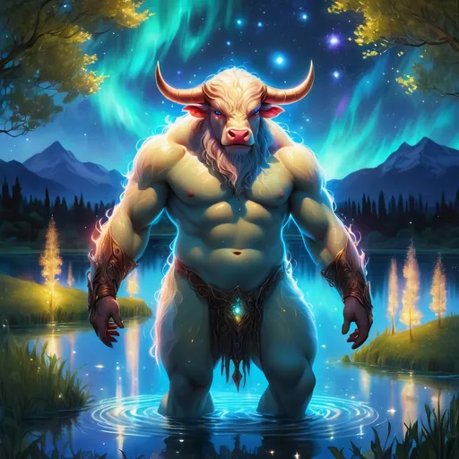 Prompt: An fantasy translucent dwarf bull humanoid that is glowing on a lake surrounded by willows. Starry night. Bioluminescent. Beautiful. Majestic. Graceful. Terrifying. Powerful. Highly detailed painting. 8k.