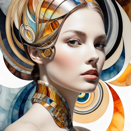Prompt: A real beautiful woman, fantasy oil and ink illustration with a ink washed watercolor finish paper cutout vertigo depth minimalism, Surrealism made of Heliocentric Robotics, Dynamic portrait, Windblown, Made of porcelain, fused glass, aluminum, steel, stoneware, citrine, opal, polished teak, and abalone shell, concentric forced perspective and ellipse patterns, fractal, intense interplay of light and shadow, cinematic lighting, chromatic aberration, subsurface scattering, vibrant and muted tones, glazed