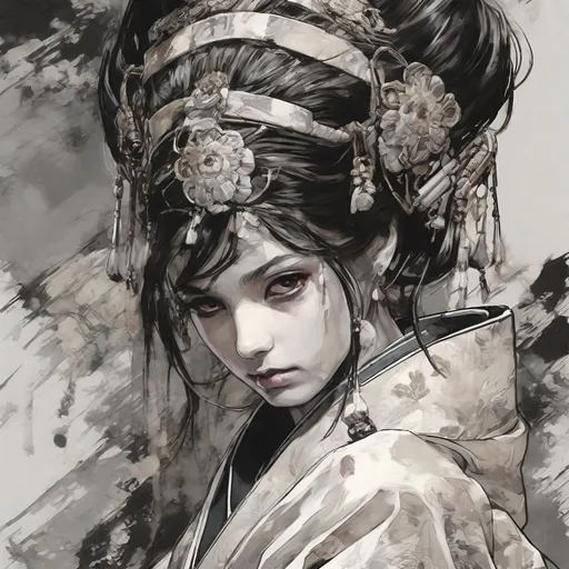 Prompt: (((Yoji Shinkawa))), sticker of ultra detailed portrait of Naomi Scott in japanese kimono,Kanzashi head accessories, high quality cell shaded illustration in post apocalyptic style by Yoji Shinkawa,(((sitting kneeling pose))), ((zoomed in face)),  (((katana))), (((Detailed hands))),perfect anatomy, centered, freedom, soul, blue and pink long hair, approach to perfection, cell shading, 4k , cinematic dramatic atmosphere, watercolor painting, global illumination, detailed and intricate environment, artstation, concept art, fluid and sharp focus, volumetric lighting, cinematic lighting, Art by Yoji Shinkawa and by Ilya Kuvshinov 
