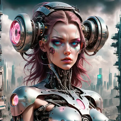 Prompt: Panoramic full body view of anamorphic cyborg of femme fatale Molly Millions with mirrored eyes and nails from Neuromancer in dystopian city, analog circuit clouds 