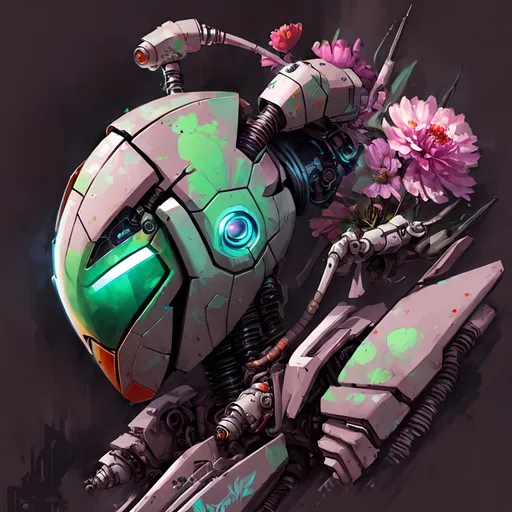 Prompt: cartoon mantis robot , cyberpunk tones, cyberpunk colors, mechanical environnement with flowers and vegetation
