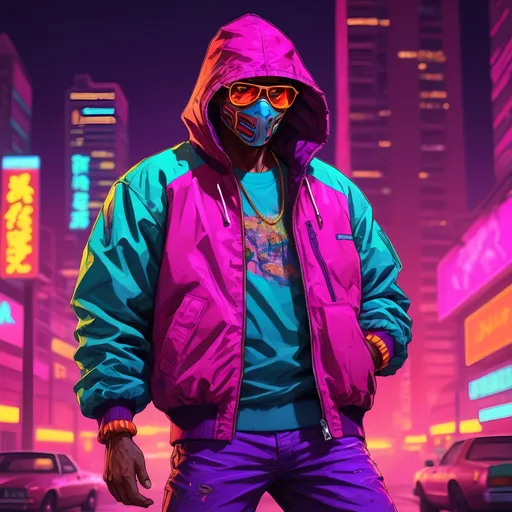 Prompt: Detailed illustration of a character in a vibrant jacket from Hotline Miami 2, neon-lit urban setting, gritty and intense atmosphere, high-quality digital art, intense neon colors, 80s retro style, dynamic pose, vibrant and pulsating lighting, detailed jacket design, professional digital rendering, intense and gritty, neon-lit, urban, 80s retro, dynamic pose, high-quality, vibrant colors, detailed design, professional, atmospheric lighting