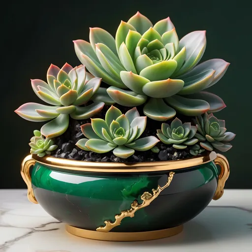 Prompt: Onyx and jade pot with neon succulent, gold handles, highres, detailed, realistic painting, vibrant colors, natural lighting, intricate details, luxurious material, botanical illustration, elegant design, rich green tones, polished surfaces, high quality, realistic, succulent, onyx and jade pot, vibrant, natural lighting, intricate details, luxurious material, botanical illustration, elegant design, rich green tones, polished surfaces