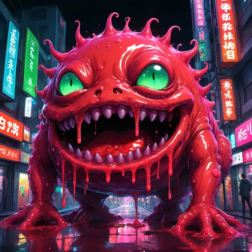 Prompt: Anime illustration of a vibrant slime monster, bright and vivid colors, urban Tokyo street setting, oozing blood red texture, detailed gooey substance, playful and mischievous expression, neon-lit cityscape, high quality, anime, vibrant colors, ooze, Tokyo street, detailed texture, mischievous expression, urban setting, neon lights, highres, playful