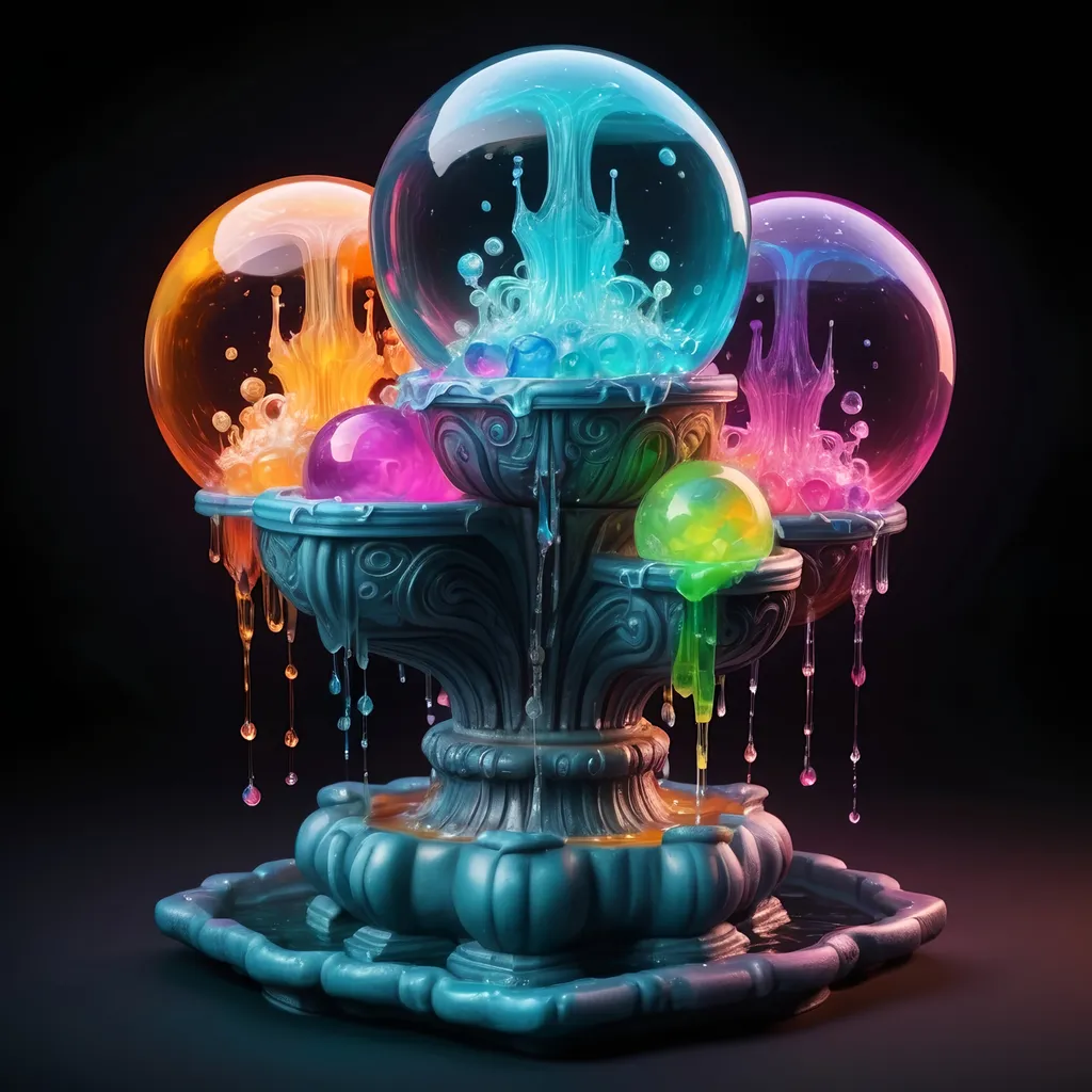 Prompt: A four-way fountain each side filled with strange glowing dancing crystal sphere dripping slime in many colors, in zen tangle art style
