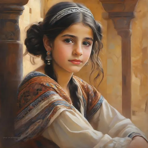 Prompt: A 13 years old Syrian girl, pale skin, black hair, pigtails, brown eyes, traditional Syrian dress, Old Damascus, photorealistic, extremely detailed painting by Greg Rutkowski by Steve Henderson