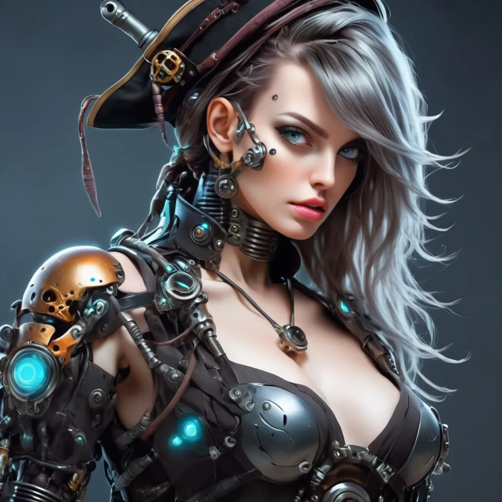 Prompt: Beautiful cybernetic female pirate.