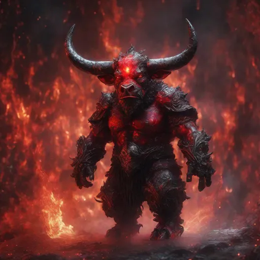 Prompt: A red and black translucent dwarf bull humanoid made of the element fire in hell, highly detailed painting, photorealistic, sparkles, magical atmosphere, 8k