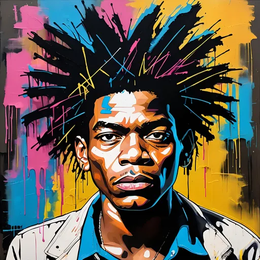 Prompt: Jean-Michel Basquiat portrait, vibrant acrylic painting, graffiti-inspired details, high contrast, expressive brushstrokes, raw and edgy style, intense colors, urban art, gritty texture, rich and bold, street art, raw emotion, contemporary art, bold lines, vibrant color palette, striking contrast, expressive portrait, acrylic painting, intense brushwork, high quality, contemporary, urban, expressive, intense colors, vibrant, raw emotion, graffiti-inspired, bold lines, street art, edgy, textured, professional, dynamic lighting