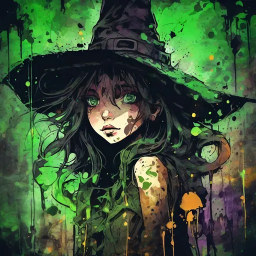 Prompt: Highly Detailed Ink Splatter Grunge, a big green eyed witchy cute girl, in a dark castle, Manga style, pretty face, full body, chipped peeling, cracked course, saturated colourful, textured paint, negative-digital, abstract background, intricate background, luminism, ultra detailed, 32k, Fantastic realism complex background, dynamic lighting, lights, digital painting, 3D effect, intricate pose, intricate highly detailed, art by Konstantin Makovsky, Mandy Disher and Victoria Francis
, Broken Glass effect, no background, stunning, something that even doesn't exist, mythical being, energy, molecular, textures, iridescent and luminescent scales, breathtaking beauty, pure perfection, divine presence, unforgettable, impressive, breathtaking beauty, Volumetric light, auras, rays, vivid colors reflects