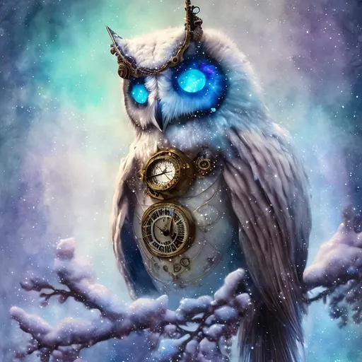 Prompt: ""<lora:Cosmic steampunk:1.0> Dreamy cloudy effect romantic very large white owl with icy snow background, sitting on a snow covered branch with icicles hanging from the branch, stylized, iridescent, intricate, fantastic, fantasia, fantasy, dreamy, watercolor, flared edges, beautiful bright white"