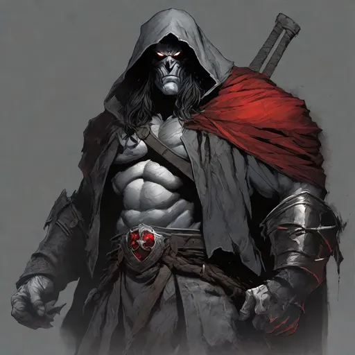 Prompt: Tall, Intimidating, Large, male, Solomon Grundy/goliath D&D build, black hair,  very dark grey scarred skin, covered in bandages, dark tattered cloth armor exposes his midriff, hood of magical darkness that completely shrouds his face with a mask of darkness, large red gem between pecs in chest, Path of the Zealot Barbarian, Strong, wielding large two-handed great-axe, Fantasy setting, D&D, Dead clerics around him, undead, zombie