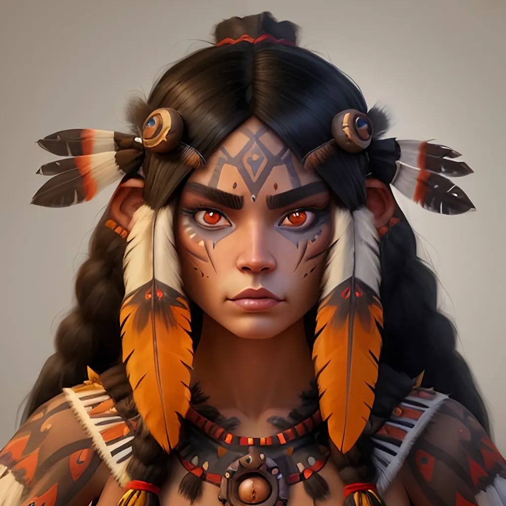 Prompt: anthropomorphized "Native American", wearing an outfit inspired by "World of Warcraft", she is making eye contact, full body, detailed symmetrical face, detailed real skin textures, highly detailed, digital painting , HD quality, 
