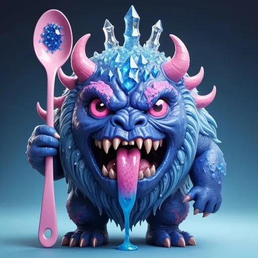 Prompt: A round behemoth with royal blue slime-like skin and a pink tongue and evil eyes with a mane of electric-blue ice crystals holding a oversized spoon, in  magical art style