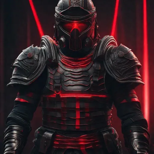 Prompt: A modern roman military male in black military armor covered in red L.E.D. strips, galea helmet of roman armor, and gas mask, background World War 3, Hyperrealistic, sharp focus, Professional, UHD, HDR, 8K, Render, electronic, dramatic, vivid, pressure, nervous vibe, loud, tension, dark, Epic