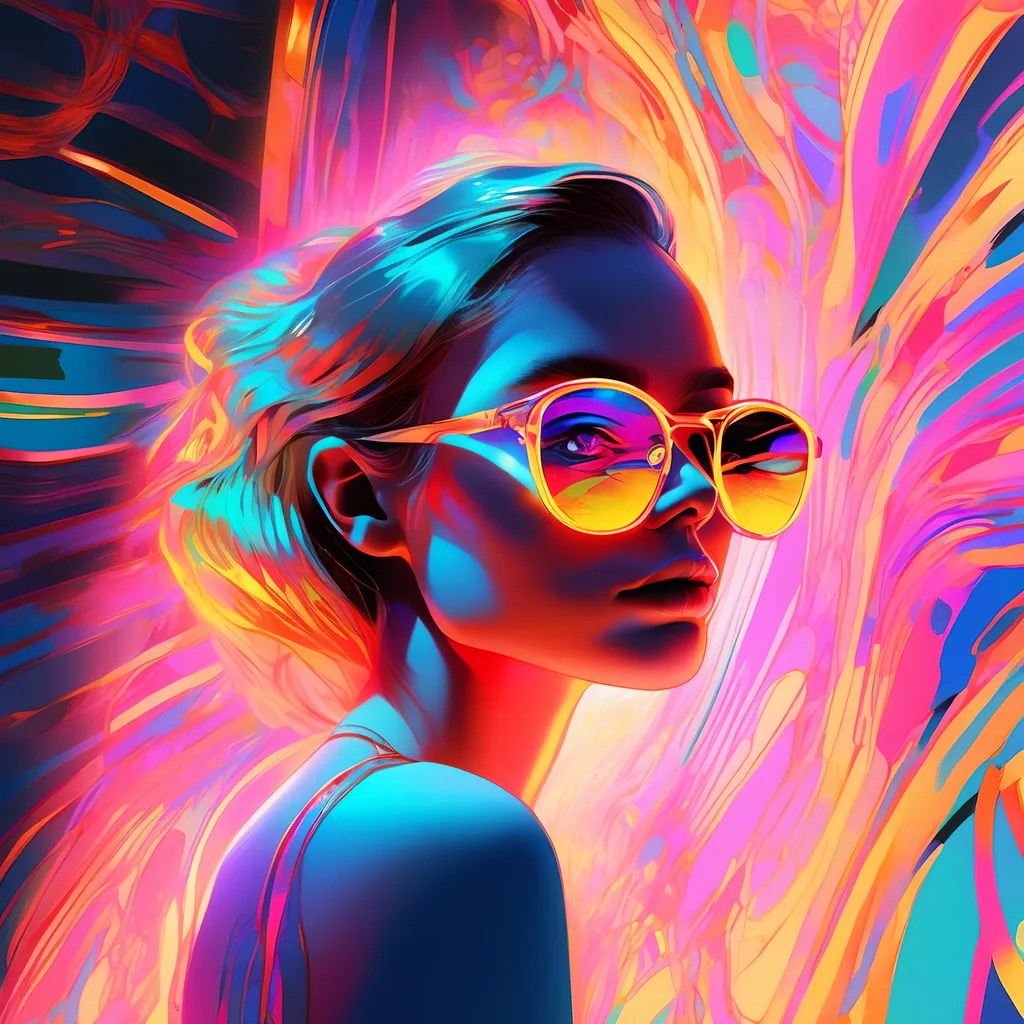 Digital art of a girl enveloped in neon light shades...