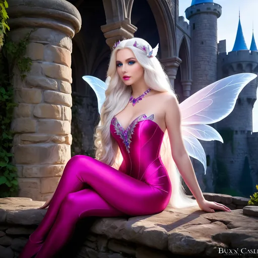 Prompt: Beautiful buxom Fairie princess with gossamer wings, age 18, intricate facial details, long white hair, blue-eyed, light makeup, fuscia lipstick, prominent cheekbones, pink silk bodysuit, buxom figure:2.0, sitting in a stone castle, 8K photo, realistic full body shot, detailed features, professional, warm lighting