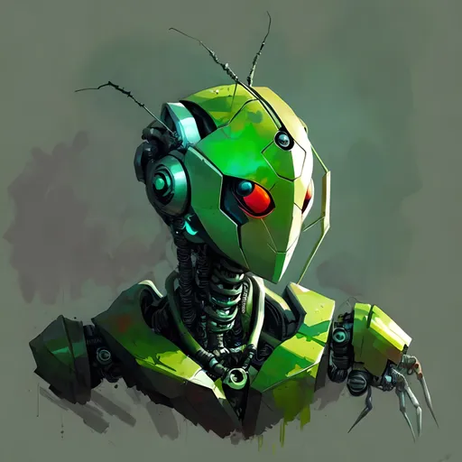 Prompt: cartoon mantis robot , cyberpunk tones, cyberpunk colors, mechanical environnement with vines and vegetation
