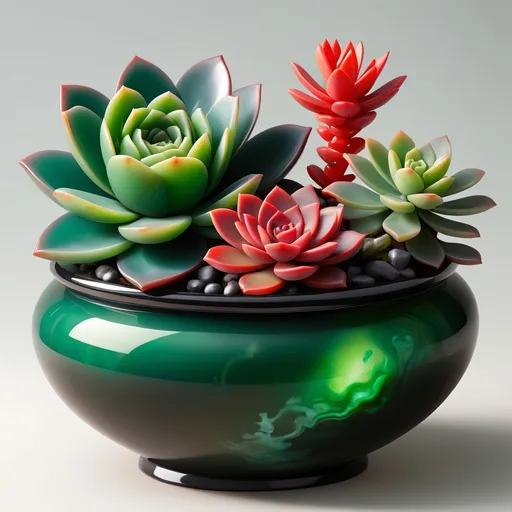 Prompt: Onyx pot with jade accents, with neon red succulent, jade handles, highres, detailed, realistic painting, vibrant colors, natural lighting, intricate details, luxurious material, botanical illustration, elegant design, rich green tones, polished surfaces, high quality, realistic, succulent, onyx and jade pot, vibrant, natural lighting, intricate details, luxurious material, botanical illustration, elegant design, rich green tones, polished surfaces