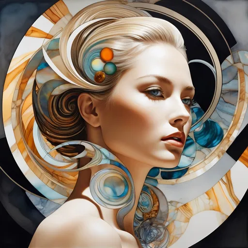 Prompt: A real beautiful woman, fantasy oil and ink illustration with a ink washed watercolor finish paper cutout vertigo depth minimalism, Surrealism made of Heliocentric Robotics, Dynamic portrait, Windblown, Made of porcelain, fused glass, aluminum, steel, stoneware, citrine, opal, polished teak, and abalone shell, concentric forced perspective and ellipse patterns, fractal, intense interplay of light and shadow, cinematic lighting, chromatic aberration, subsurface scattering, vibrant and muted tones, glazed