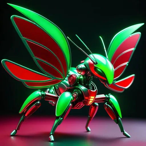 Prompt: small kawaii style mantis mech, metallic and sleek design, futuristic sci-fi style, intense green and red color scheme, sparkling neon lights, mech wings, miniature scale, highres, ultra-detailed, sci-fi, futuristic, metallic sheen, intense color scheme, miniature scale, neon lights, detailed design, professional, atmospheric lighting